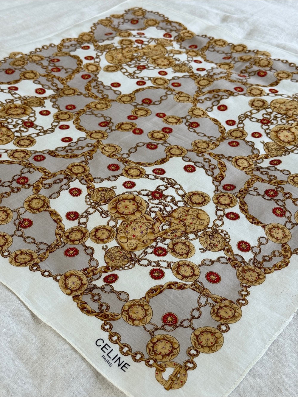 Vintage Celine Chain Medallion Print Cotton Bandana Scarf Made in Japan - Picture 1 of 12